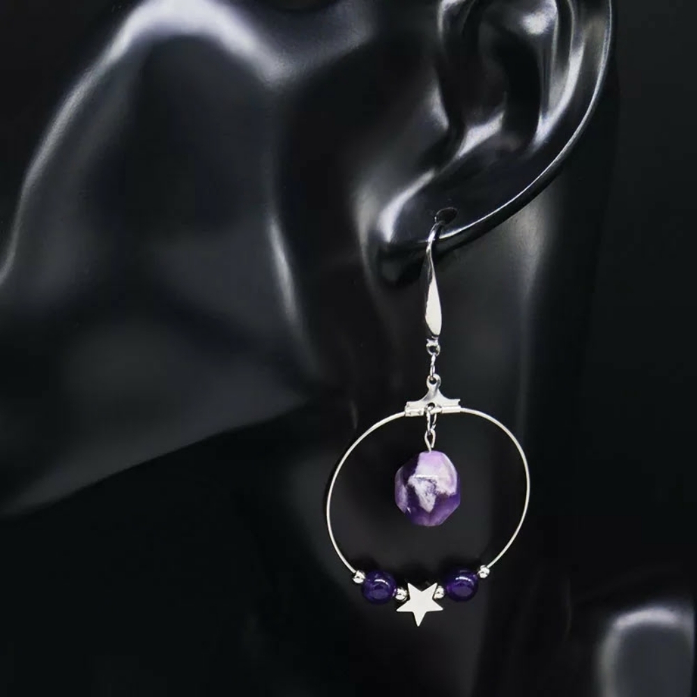 Purple Crystal Round Drop Star Earrings